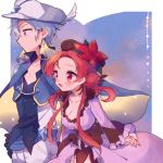  1boy 1girl :d aurorus blue_cape blush breasts cape check_character cleavage creatures_(company) dragalge dress flower game_freak gem gen_6_pokemon hair_flower hair_ornament hand_on_hip hat light_blue_hair long_hair nintendo open_mouth pants personification pokemon purple_dress red_eyes red_flower redhead sidelocks smile standing white_hat white_pants 