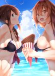  2girls ahoge alternate_costume bangs bare_shoulders beach bikini blue_eyes blue_sky blush braid breasts brown_eyes brown_hair cleavage clouds collarbone day food from_side hair_between_eyes hair_flaps hair_ornament hair_over_shoulder hair_ribbon hairband highres holding holding_food ice_cream_cone kantai_collection long_hair looking_at_viewer looking_back medium_breasts multiple_girls navel numpopo ocean open_mouth orange_eyes outdoors red_hairband remodel_(kantai_collection) ribbon sand shigure_(kantai_collection) shiratsuyu_(kantai_collection) sideboob sidelocks single_braid sky smile stomach swimsuit tongue tongue_out upper_body 