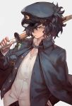  1boy black_cape black_hair black_hat black_jacket bokken buckle cape charm_(object) closed_mouth collar collared_shirt commentary_request crescent_print dog dress_shirt facial_hair fate/grand_order fate_(series) fingernails gakuran grey_background hair_over_one_eye hand_in_pocket hat highres holding holding_sword holding_weapon jacket lack long_sleeves looking_at_viewer male_focus okada_izou_(dog) okada_izou_(fate) open_clothes open_jacket orange_eyes scarf school_uniform shirt solo stubble sword unbuttoned upper_body weapon white_shirt wing_collar wooden_sword 