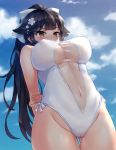  1girl arms_behind_back azur_lane black_hair blue_sky bow breasts brown_eyes casual_one-piece_swimsuit chaou clouds cowboy_shot criss-cross_halter day from_below hair_bow hair_flaps halterneck large_breasts long_hair navel one-piece_swimsuit outdoors ponytail sky solo swimsuit takao_(azur_lane) white_bow white_swimsuit 