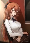  1girl bangs black_bow blue_neckwear bow breasts brown_hair closed_eyes commentary_request dress_shirt eyebrows_visible_through_hair girls_frontline hair_between_eyes hair_bow high_ponytail indoors large_breasts long_hair long_sleeves m1903_springfield_(girls_frontline) macchiato_(jae-min_cho) neckerchief parted_lips ponytail shirt sitting sleeping solo striped_neckwear twitter_username very_long_hair white_shirt 