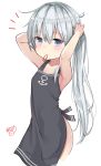  1girl adjusting_hair apron arms_up bangs bare_arms bare_shoulders black_apron blue_eyes blush bunching_hair closed_mouth eyebrows_visible_through_hair hair_between_eyes hair_tie hair_tie_in_mouth hibiki_(kantai_collection) highres kantai_collection long_hair mouth_hold naked_apron noeru_(gt17854) notice_lines ponytail sidelocks signature silver_hair solo very_long_hair 