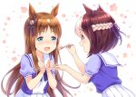  2girls :d animal_ears blue_eyes blush braid brown_hair clenched_hands eyebrows_visible_through_hair feeding food fork grass_wonder highres holding holding_fork horse_ears leaning_forward long_hair looking_at_another multicolored_hair multiple_girls nose_blush open_mouth profile ribbon school_uniform serafuku short_sleeves skirt smile sparkle special_week striped striped_ribbon sweatdrop tomo_(user_hes4085) two-tone_hair umamusume very_long_hair violet_eyes white_background white_hair white_skirt 