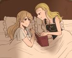  2girls alternate_hairstyle assam bed_sheet box closed_mouth commentary darjeeling eyebrows_visible_through_hair girls_und_panzer hair_down holding holding_box long_hair looking_at_another lying multiple_girls nightgown on_bed on_side parted_lips pillow smile torinone 