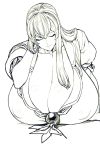 1girl breast_rest breasts cleavage closed_eyes collarbone covered_nipples eyebrows_visible_through_hair gigantic_breasts hair_between_eyes hand_in_hair highres kamishirasawa_keine long_hair monochrome neckerchief puffy_short_sleeves puffy_sleeves short_sleeves smile space_jin touhou 