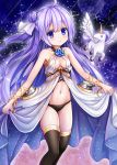  1girl :o absurdres ahoge alicorn animal azur_lane bangs bare_shoulders black_legwear black_panties blue_flower blue_rose bluebird_(bluebird90) blush breasts cannon collarbone commentary_request cosplay crystal dress eyebrows_visible_through_hair flower flying hair_between_eyes hair_ribbon head_tilt highres long_hair looking_at_viewer navel one_side_up oversized_clothes panties parted_lips purple_hair ribbon rose side_bun skirt_hold sleeveless sleeveless_dress small_breasts solo sparkle stuffed_unicorn thigh-highs turret underwear unicorn_(azur_lane) very_long_hair victorious_(azur_lane) victorious_(azur_lane)_(cosplay) violet_eyes white_dress white_ribbon 