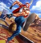  1boy barrel baseball_cap blonde_hair blue_eyes blue_sky clouds commentary_request container denim desert dutch_angle fatal_fury fingerless_gloves gloves ground_vehicle hat highres jacket jeans kicking l.g_(greenforce1) long_hair looking_at_viewer male_focus mount_rushmore mountainous_horizon muscle open_mouth outdoors pants ponytail shoes sky sneakers snk solo tank_top terry_bogard the_king_of_fighters train vest white_tank_top wooden_floor 