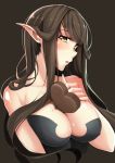  1girl absurdres bangs bare_shoulders black_dress blush breasts brown_background brown_hair chocolate chocolate_on_breasts cleavage collarbone commentary_request dress erect_nipples eyebrows eyebrows_visible_through_hair fate/apocrypha fate_(series) food_between_breasts hand_on_own_chest heart highres large_breasts long_hair looking_at_viewer pointy_ears semiramis_(fate) simple_background solo upper_body valentine yaobin_yang yellow_eyes 