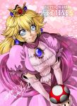  1girl blonde_hair blue_eyes copyright_name dress earrings elbow_gloves eyebrows_visible_through_hair gloves hair_between_eyes holding isamu-ki_(yuuki) jewelry long_hair super_mario_bros. nintendo pink_dress pink_gloves princess_peach short_sleeves smile solo super_mario_bros. 