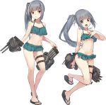  1girl aqua_bikini aqua_skirt bikini bikini_skirt black_ribbon brown_eyes collarbone flat_chest full_body grey_hair groin hair_ribbon hand_on_own_chest kantai_collection kasumi_(kantai_collection) konishi_(koconatu) long_hair navel official_art ribbon sandals side_ponytail skirt solo swimsuit toes torn_bikini torn_clothes torn_swimsuit 