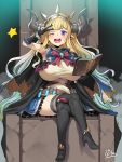  1girl black_footwear blonde_hair blue_eyes boots breasts cagliostro_(granblue_fantasy) cape granblue_fantasy highres horns large_breasts legs_crossed obui one_eye_closed open_mouth pointy_ears ribbon throne v 