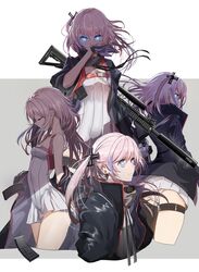  1girl absurdres ar-15 ass asymmetrical_legwear bangs bare_shoulders black_jacket black_legwear blood blood_on_face blue_eyes blush breasts closed_eyes closed_mouth collarbone commentary cropped_legs dress eyebrows_visible_through_hair girls_frontline gloves grey_background gun hair_between_eyes hair_ornament highres jacket long_hair long_sleeves magazine multiple_views object_namesake open_clothes open_jacket panties pink_hair pleated_dress profile purple_gloves ribbed_dress rifle single_thighhigh sleeveless sleeveless_dress small_breasts st_ar-15_(girls_frontline) swav thigh-highs thigh_strap twintails two-tone_background underwear very_long_hair weapon weapon_on_back white_background white_dress white_panties 