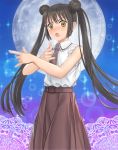  1girl asobi_asobase bangs belt bishoujo_senshi_sailor_moon blush brown_eyes brown_hair collared_shirt cosplay double_bun embarrassed highres honda_hanako long_hair looking_at_viewer moon mutsuki_(moonknives) necktie night night_sky open_mouth sailor_moon sailor_moon_(cosplay) school_uniform shirt short_sleeves sidelocks skirt sky solo sparkle tsuki_ni_kawatte_oshioki_yo twintails upper_body white_shirt 