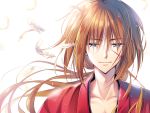  1boy blue_eyes brown_hair collarbone eyebrows_visible_through_hair facial_scar floating_hair hair_between_eyes highres himura_kenshin japanese_clothes kimono long_hair looking_at_viewer male_focus ponytail portrait red_kimono rurouni_kenshin scar scar_on_cheek simple_background solo very_long_hair white_background white_feathers youta 