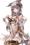  1girl animal_ears bangs blue_eyes blunt_bangs blush breasts chobi_(sakuyasakuhana) cowboy_shot detached_collar dress elbow_gloves erune eyebrows_visible_through_hair fang gem gloves granblue_fantasy hair_ornament hand_on_own_chest highres korwa long_hair looking_at_viewer medium_breasts open_mouth silver_hair simple_background sleeveless sleeveless_dress solo standing thigh-highs white_background white_gloves 