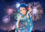  1girl alternate_costume bangs blue_eyes blue_hair blush closed_mouth commentary_request eyebrows_visible_through_hair festival fireworks floral_print flower gradient_hair hair_between_eyes hair_flower hair_ornament hand_on_own_chest hand_up japanese_clothes kantai_collection kimono long_hair looking_at_viewer multicolored_hair night night_sky oge_(ogeogeoge) samidare_(kantai_collection) sky smile solo standing swept_bangs very_long_hair yukata 