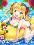  1girl :d absurdres banana_boat bikini blonde_hair blush breasts cleavage collarbone eyebrows_visible_through_hair floating_hair flower green_bikini green_eyes gun hacka_doll hacka_doll_1 hair_between_eyes hair_ornament hibiscus highres holding holding_gun holding_weapon jimmy long_hair looking_at_viewer medium_breasts open_mouth pink_flower red_flower shiny shiny_hair side-tie_bikini smile solo swimsuit twintails water water_gun weapon yellow_flower 