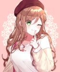  1girl :3 artist_name bag bang_dream! beret blush brown_hair commentary earrings eyebrows_visible_through_hair finger_to_mouth floral_print green_eyes hair_between_eyes hat highres imai_lisa index_finger_raised jewelry long_hair long_sleeves looking_at_viewer patzzi pink_background red_hat rose_print shoulder_bag solo upper_body wavy_hair 