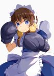  1girl apron arcana_heart blue_eyes boxing_gloves brown_hair eyebrows_visible_through_hair fiona_mayfield gloves grey_gloves looking_at_viewer maid maid_apron maid_headdress okosan_(pixiv) short_hair short_twintails simple_background solo standing twintails 