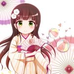  1girl bad_id ball bangs beige_kimono blush brown_hair closed_mouth commentary_request eyebrows_visible_through_hair fan flower folding_fan gochuumon_wa_usagi_desu_ka? goth_risuto green_eyes hair_flower hair_ornament holding holding_fan japanese_clothes kimono long_hair long_sleeves obi sash smile solo temari_ball ujimatsu_chiya very_long_hair white_background white_flower wide_sleeves 