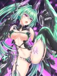  1girl bare_shoulders boots breasts claws cleavage elbow_gloves gloves green_hair green_heart green_heart_(chaos_form) headgear highres kazuneko_(wktk1024) large_breasts long_hair looking_to_the_side navel nepnep_connect:_chaos_chanpuru neptune_(series) open_mouth ponytail power_symbol solo standing standing_on_one_leg symbol-shaped_pupils tattoo thigh-highs thigh_boots very_long_hair violet_eyes 