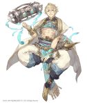  1boy abs aladdin_(sinoalice) anklet arabian_clothes blonde_hair blue_eyes bracelet eyebrows_visible_through_hair eyes_visible_through_hair floating full_body jewelry ji_no looking_at_viewer official_art oil_lamp pointy_shoes scroll shoes sinoalice solo white_background 