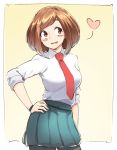  1girl :d aqua_skirt bangs black_legwear blush boku_no_hero_academia brown_eyes brown_hair coolisushi cowboy_shot hand_on_hip heart highres looking_to_the_side miniskirt necktie open_mouth pantyhose parted_bangs pleated_skirt red_neckwear school_uniform shiny shiny_hair shirt short_hair sketch skirt smile solo standing uraraka_ochako white_shirt 