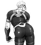  1boy achilles_(fate) arm_support artist_name ass bodysuit fate/apocrypha fate_(series) from_behind gloves greyscale kitano_gori male_focus monochrome short_hair short_sleeves simple_background undercut white_background 
