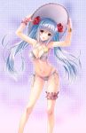  1girl :d arms_up bikini blue_hair blush bracelet breasts cleavage collarbone eyebrows_visible_through_hair floating_hair flower hair_between_eyes hair_flower hair_ornament halterneck hat head_tilt hibiscus highres jewelry kimizuka_aoi large_breasts long_hair looking_at_viewer multi-strapped_bikini navel open_mouth original red_flower ribbon shiny shiny_skin side-tie_bikini sideboob smile solo standing sun_hat swimsuit thigh_strap twintails very_long_hair violet_eyes white_bikini white_hat white_ribbon wrist_cuffs 