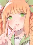  1girl bangs blush braid commentary dochanhee english_commentary eyebrows_visible_through_hair green_eyes green_sailor_collar highres looking_at_viewer orange_hair original sailor_collar simple_background solo v 
