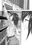  1girl anger_vein araido_kagiri book bookshelf comic dress highres hino_matsuri_(osananajimi_ni_najimitai) monochrome original osananajimi_ni_najimitai outstretched_arm reaching 