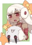  1girl altera_(fate) altera_the_santa animal bangs bare_shoulders blush choker collarbone comic_lo commentary_request dark_skin detached_sleeves earmuffs eyebrows_visible_through_hair fate/grand_order fate_(series) gloves headdress holding holding_animal i.u.y open_mouth red_eyes sheep short_hair star sweatdrop teeth upper_body veil white_gloves white_hair 