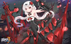  1girl bare_shoulders benghuai_xueyuan black_dress black_gloves black_legwear blurry blurry_background catstudioinc_(punepuni) choker copyright_name dress flower frilled_legwear frills gloves gothic_lolita hair_flower hair_ornament highres honkai_impact logo lolita_fashion long_hair looking_at_viewer night red_eyes signature silver_hair sleeveless sleeveless_dress smile solo squatting strapless strapless_dress sword theresa_apocalypse thigh-highs weapon 