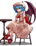  1girl absurdres ascot bangs blue_hair bow brooch chair closed_mouth demon_wings dress eyebrows_visible_through_hair hair_between_eyes hat highres jewelry looking_at_viewer mary_janes mob_cap nob1109 orange_eyes puffy_short_sleeves puffy_sleeves purple_wings red_bow red_footwear red_neckwear remilia_scarlet shadow shoes short_hair short_sleeves simple_background sitting slit_pupils smile socks solo touhou white_background white_dress white_hat white_legwear wings wrist_cuffs 