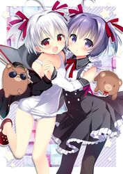  2girls :d :o animal bangs bare_shoulders bear black_jacket black_legwear black_skirt blush bow collared_shirt commentary_request crocs detached_sleeves evo_grim eyebrows_visible_through_hair grim_myu hair_between_eyes hair_ribbon highres holding jacket long_sleeves looking_at_viewer multiple_girls myu_(quiz_magic_academy) nagayama_yuunon old_school_swimsuit one-piece_swimsuit open_clothes open_jacket open_mouth pantyhose parted_lips purple_hair quiz_magic_academy red_bow red_eyes red_footwear red_ribbon ribbon school_swimsuit shirt silver_hair skirt sleeveless sleeveless_shirt smile standing standing_on_one_leg star sunglasses suspender_skirt suspenders swimsuit two_side_up violet_eyes white_school_swimsuit white_shirt white_swimsuit 