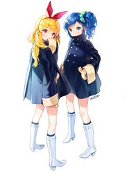  2girls aikatsu! aikatsu!_(series) ancotaku bangs blonde_hair blue_dress blue_eyes blue_hair blue_legwear blush boots commentary_request covered_mouth dress eyebrows_visible_through_hair green_scrunchie hair_between_eyes hair_ornament hair_ribbon hair_scrunchie hairband hand_up hands_in_pockets headphones high_heel_boots high_heels highres hoshimiya_ichigo kiriya_aoi knee_boots kneehighs long_hair long_sleeves looking_at_viewer looking_to_the_side multiple_girls parted_lips red_eyes red_hairband red_ribbon ribbon scrunchie signature simple_background sleeves_past_fingers sleeves_past_wrists standing very_long_hair white_background white_footwear wide_sleeves 