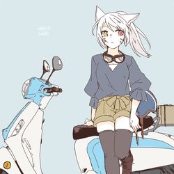  1girl :&lt; animal_ears artist_name bangs black_legwear blue_background cat_ears closed_mouth contemporary facial_mark final_fantasy final_fantasy_xiv flat_color goggles goggles_around_neck ground_vehicle headwear_removed helmet helmet_removed heterochromia lili_mdoki long_hair looking_to_the_side miqo&#039;te motor_vehicle ponytail scooter shorts signature sitting solo thigh-highs white_hair 