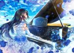 1girl bang_dream! bangs black_hair blue_dress blue_flower blue_gloves blue_rose closed_eyes commentary_request day dress elbow_gloves fingerless_gloves flower frilled_dress frills gloves grand_piano hair_blowing instrument long_hair music open_mouth outdoors pearl petals piano playing_instrument playing_piano rose shirokane_rinko smile solo tsurugi_hikaru 