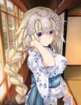  1girl black_bow blonde_hair blue_eyes bow braid eyebrows_visible_through_hair fate/apocrypha fate/grand_order fate_(series) floral_print hair_between_eyes hair_bow hand_in_hair headpiece highres japanese_clothes jeanne_d&#039;arc_(fate) jeanne_d&#039;arc_(fate)_(all) jewelry kimono long_hair looking_at_viewer print_kimono ribbon ruler_(fate/apocrypha) saipaco sash single_braid smile solo very_long_hair yukata 