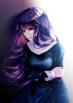  1girl asagami_fujino blue_dress breasts commentary_request crying crying_with_eyes_open dress fate/grand_order fate_(series) frtheia highres kara_no_kyoukai long_hair long_sleeves medium_breasts open_mouth purple_hair red_eyes school_uniform shiny shiny_hair simple_background solo tears 