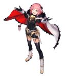 1boy arms_up astolfo_(fate) black_bow black_dress black_legwear black_ribbon boots bow braid btraphen cape commentary dress fang fate/apocrypha fate_(series) fur-trimmed_cape fur_trim garter_straps gauntlets gloves hair_intakes hair_ribbon highres long_braid looking_at_viewer male_focus multicolored multicolored_cape multicolored_clothes multicolored_hair open_mouth otoko_no_ko outstretched_arms outstretched_hand pink_eyes pink_hair red_cape ribbon short_dress simple_background single_braid streaked_hair sword thigh-highs weapon white_background white_cape white_footwear 