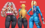 3girls arms_(game) ass blonde_hair bracelet curvy dark_skin drill_hair height_difference hips huge_ass jewelry long_hair metroid multiple_girls nintendo onomeshin pants pointy_ears ponytail princess_zelda red_background samus_aran skin_tight the_legend_of_zelda the_legend_of_zelda:_breath_of_the_wild thick_thighs thighs tied_hair twin_drills twintails twintelle_(arms) very_long_hair wide_hips zero_suit 