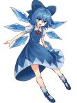  1girl :d absurdres bangs blue blue_bow blue_dress blue_eyes blue_footwear blue_hair blue_wings blush bow cirno detached_wings dress eyebrows_visible_through_hair fairy full_body hair_between_eyes hair_bow highres ice ice_wings looking_at_viewer mary_janes nob1109 open_mouth puffy_short_sleeves puffy_sleeves red_ribbon ribbon shoes short_hair short_sleeves simple_background smile socks solo teeth touhou white_background white_legwear wings 