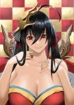  1girl ahoge azur_lane bangs bare_shoulders black_hair breasts checkered checkered_background cleavage closed_mouth collarbone commentary_request dress facing_viewer finger_to_neck hair_between_eyes hair_ornament highres homomomomon huge_breasts japanese_clothes kimono long_hair looking_at_viewer off_shoulder red_eyes red_ribbon ribbon smile solo strapless taihou_(azur_lane) 