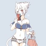  1girl animal_ears bandeau bangs bare_shoulders blue_background breasts cat_ears cat_tail cellphone cleavage clothes_hanger cowboy_shot facial_mark final_fantasy final_fantasy_xiv heterochromia highleg highleg_panties jewelry lili_mdoki looking_at_viewer medium_breasts miqo&#039;te necklace panties phone short_hair short_shorts shorts signature sketch skirt skirt_removed slit_pupils smartphone smile solo standing strapless tail underwear whisker_markings white_hair 