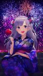  :d aerial_fireworks blue_eyes candy_apple coconome double_bun fireworks floral_print food japanese_clothes kimono leti_(teria_saga) long_hair looking_at_viewer night night_sky open_mouth silver_hair sitting sky smile stairs teria_saga 