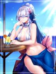  1girl beads blue_eyes blue_hair blue_sky breasts cleavage creatures_(company) day drink drinking_straw elbows_on_table food fruit game_freak gen_7_pokemon glass gradient_hair hair_beads hair_between_eyes hair_ornament hairband jewelry long_hair looking_at_viewer medium_breasts multicolored_hair navel necklace nintendo orange orange_slice outdoors personification pokemon primarina shikkoku_neko silver_hair sitting sky smile solo star star_hair_ornament sunlight table umbrella very_long_hair water 