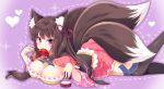  1girl animal_ear_fluff animal_ears black_legwear breasts brown_hair cleavage comb dress feet_out_of_frame fox_ears fox_tail hair_ribbon heart japanese_clothes large_breasts lying mouth_hold multiple_tails on_stomach outline pink_dress pink_ribbon purple_background ribbon sash shisui_suzuka smile suzune_(teria_saga) tail teria_saga thigh-highs violet_eyes 