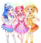  3girls :d absurdres ascot blue_hair blush boots bow capelet choker detached_sleeves double_stripe eyebrows_visible_through_hair flower glint gloves hair_flower hair_ornament hand_on_hip hand_up hat highres knee_boots layered_skirt long_hair looking_at_viewer mini_hat multiple_girls musical_note ohisashiburi open_mouth orange_hair pink_bow pink_choker pink_eyes pink_hair pink_skirt pleated_skirt puffy_short_sleeves puffy_sleeves purple_flower red_flower round_teeth short_sleeves skirt smile socks standing standing_on_one_leg striped striped_legwear teeth thigh-highs tiara tilted_headwear twintails vest violet_eyes waving white_capelet white_footwear white_gloves white_hat white_vest wristband yellow_bow yellow_eyes yellow_legwear 