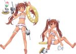  1girl ;d bare_shoulders barefoot bikini bow brown_eyes brown_hair drink fallen_down fang feet full_body gun hair_bow hair_ornament hair_ribbon holding holding_gun holding_weapon innertube jiji kantai_collection libeccio_(kantai_collection) long_hair looking_at_viewer navel official_art one_eye_closed open_mouth ribbon shaved_ice smile soles solo swimsuit thigh_strap transparent_background turret twintails weapon white_bikini 